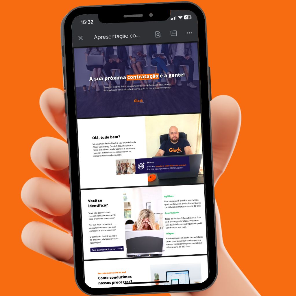 Apresentação comercial da Glock Consulting num celular
